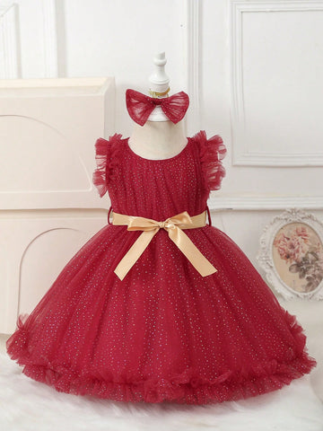 Baby Girl Beaded Mesh Tulle Fluffy Elegant Dress For Birthday Party, Evening, Wedding, Baptism, 1st Birthday, Etc.