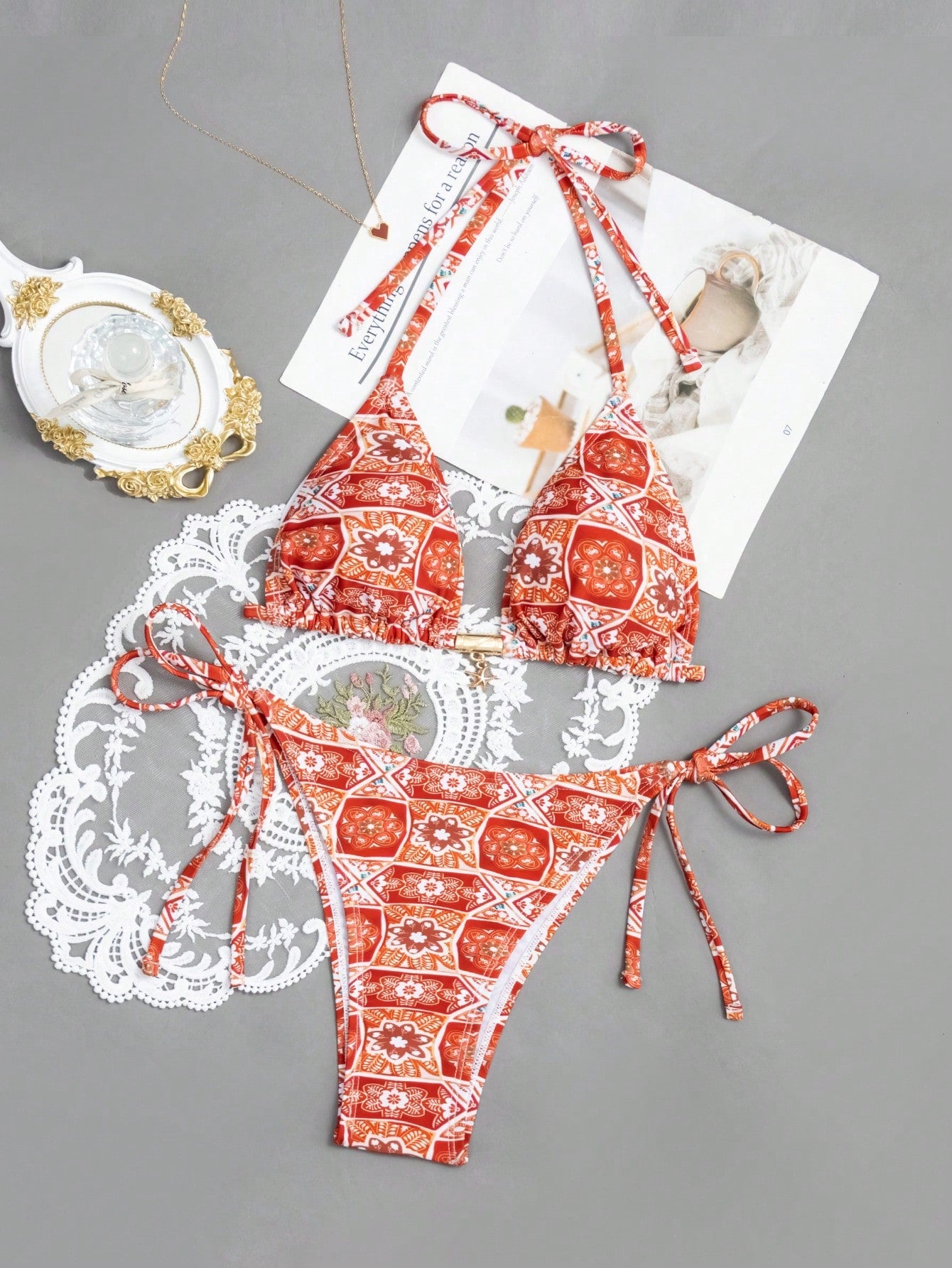 Flower Printed Metal Ring Linked Tie Side Two-Piece Bikini Set