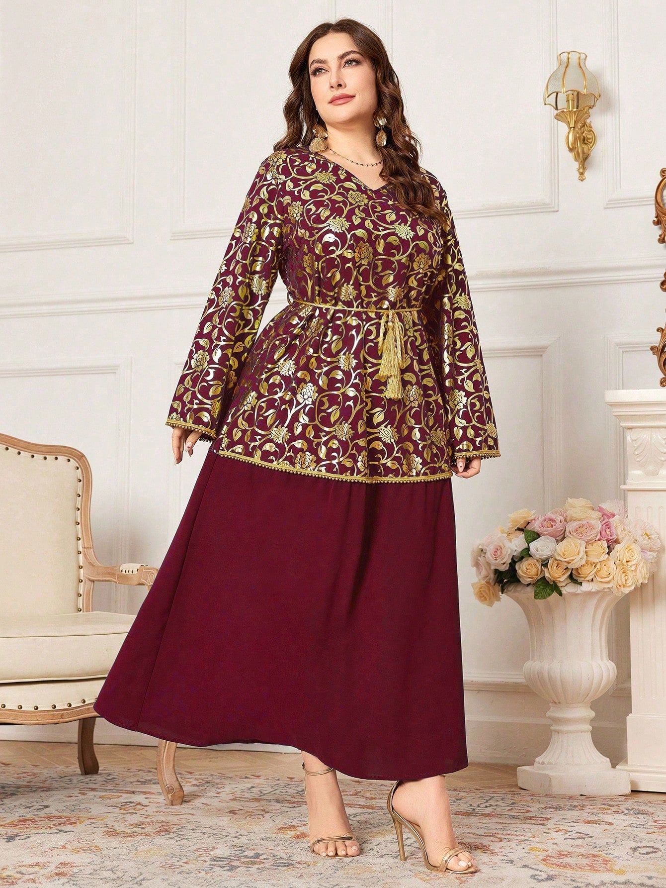 Plus Size Floral Printed V-Neck Arabic Clothing