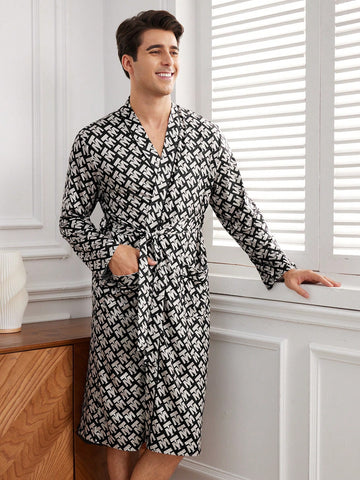 Men's Long Sleeve Homewear Robe With Letter Print