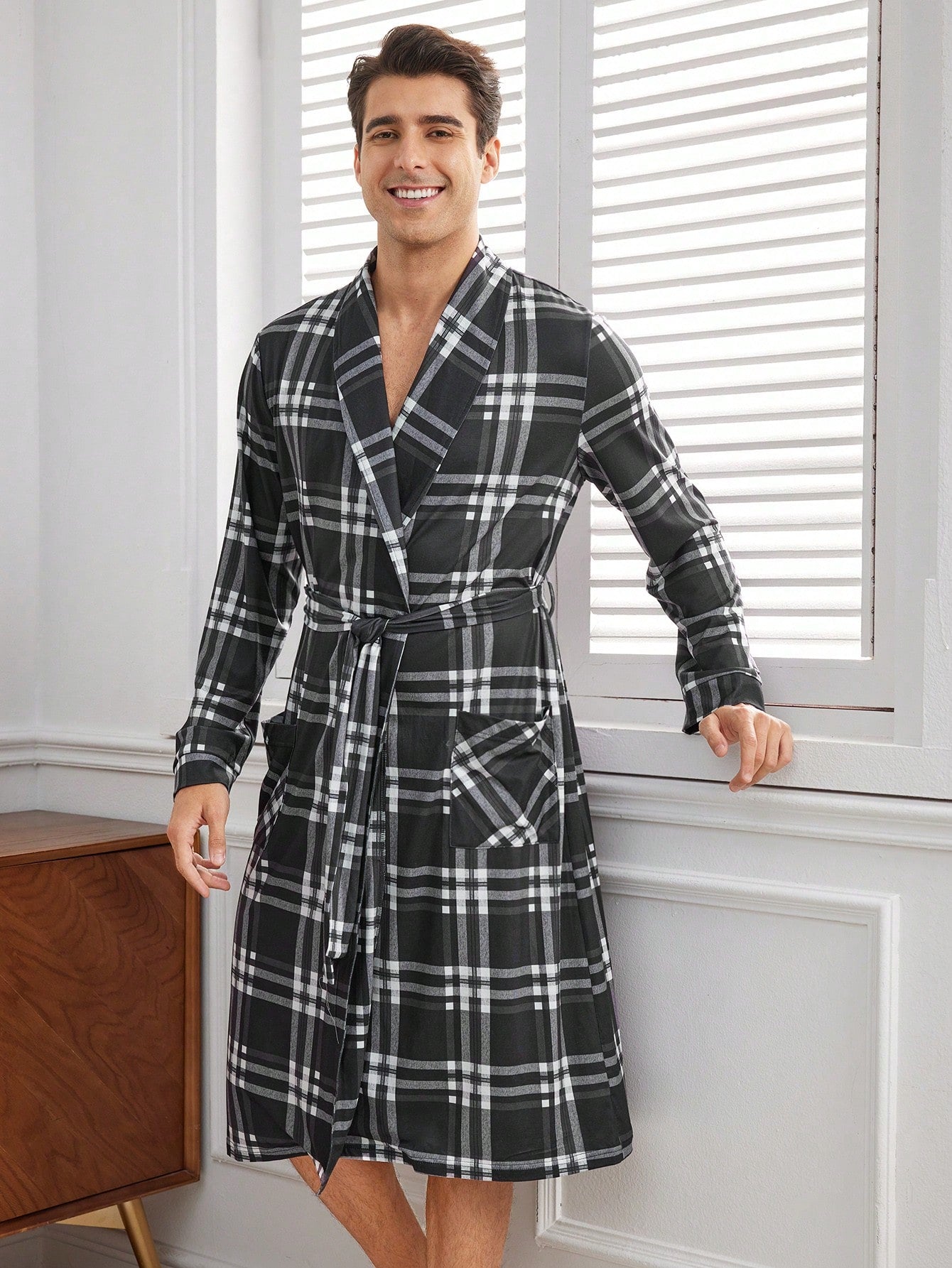 Men's Plaid Belted Robe With Mandarin Collar