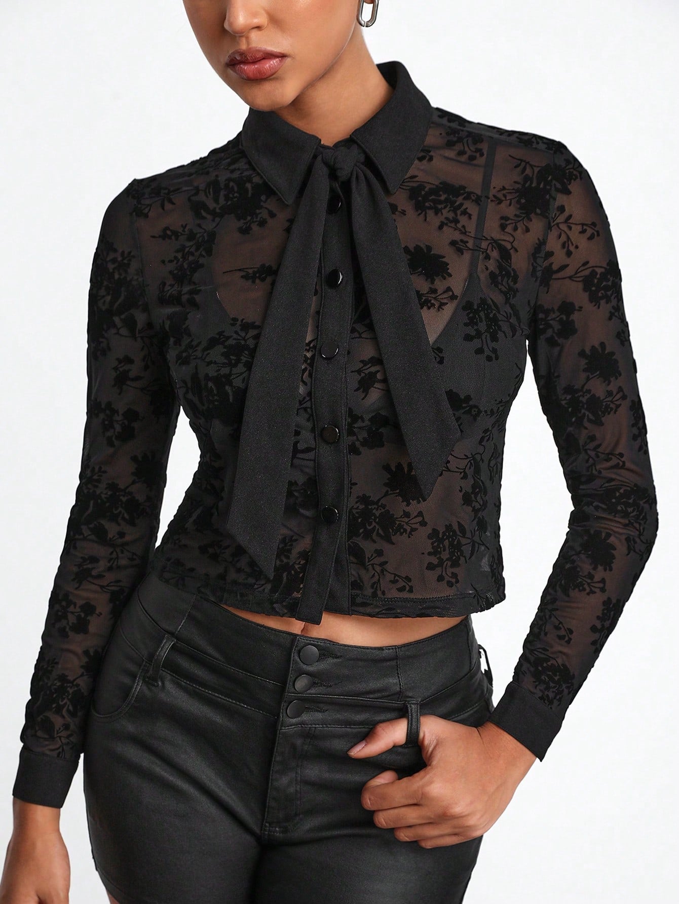 Women's Velvet Flower Embroidered Mesh Sheer Blouse