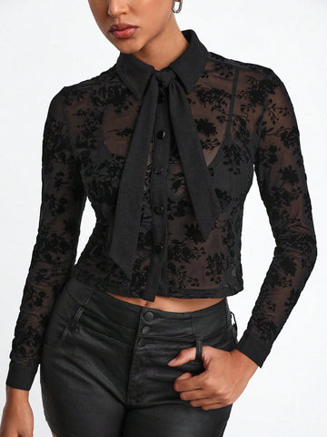 Women's Velvet Flower Embroidered Mesh Sheer Blouse