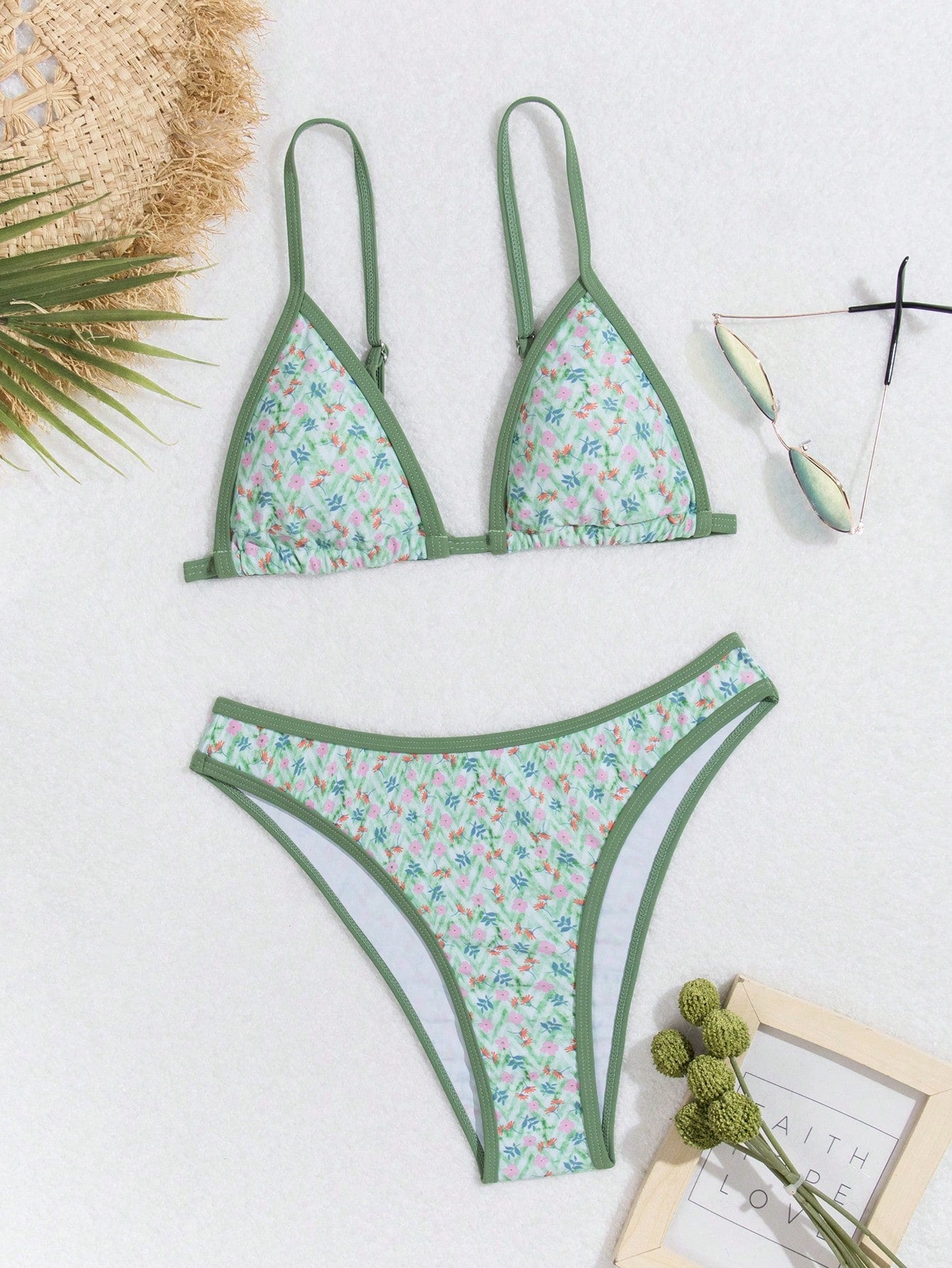 Floral Print Contrast Binding Bikini Set