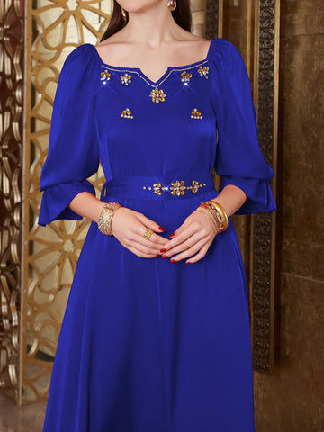 Casual Dress With Rhinestone Decoration, Notched Lapel And Drawstring Waist