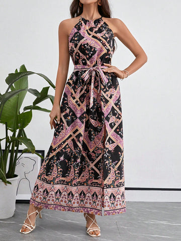 Women's Paisley Print High Slit Halter Neck Dress