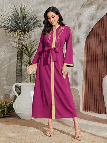 Women's Fashionable Long Sleeve Arabian Style Tie Waist Dress