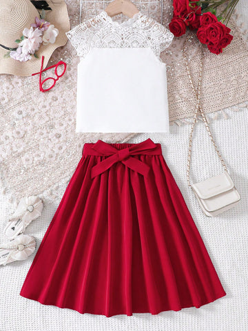 Young Girl Lace Stand Collar Blouse With Floral Appliqué & Detachable Belt A-Line Skirt Set