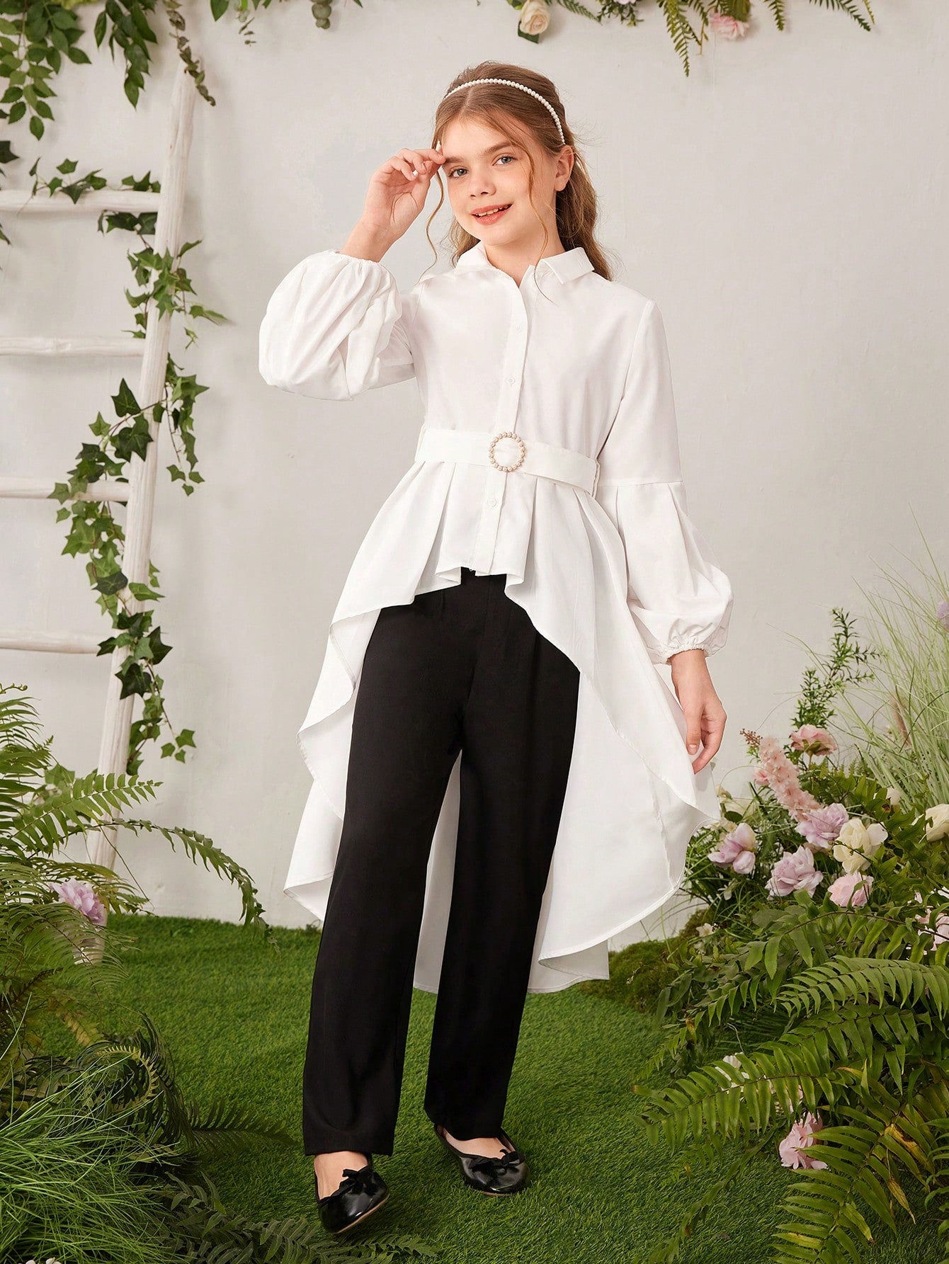 Tween Girl Collared Long Sleeve Half-Open Placket Belted Irregular Hem Shirt With Sun-Shaped Buttons