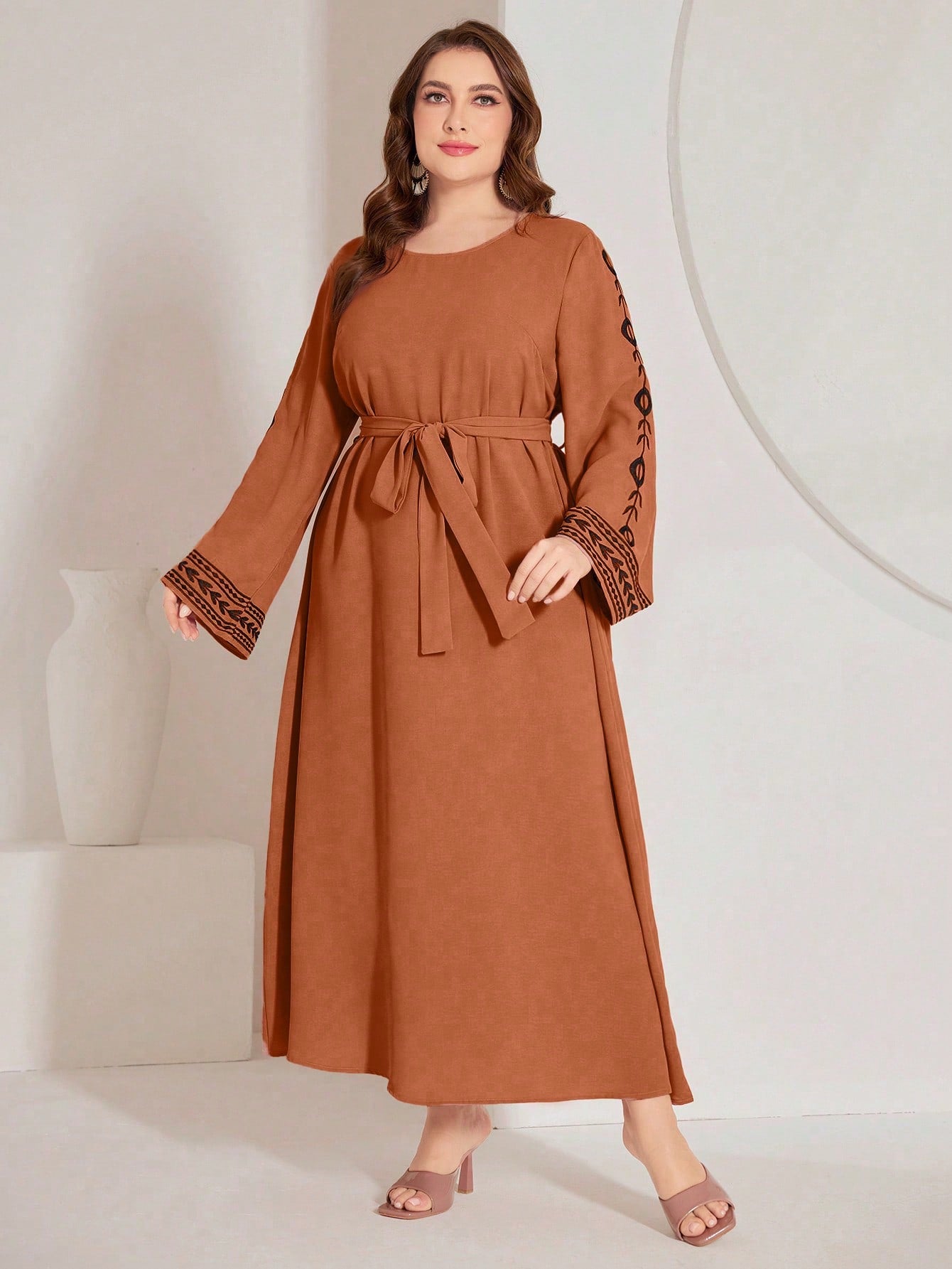 Plus Size Embroidered Bell Sleeve Shift Dress