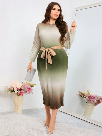 Plus Size Gradient Pleated Fitted Casual Dress