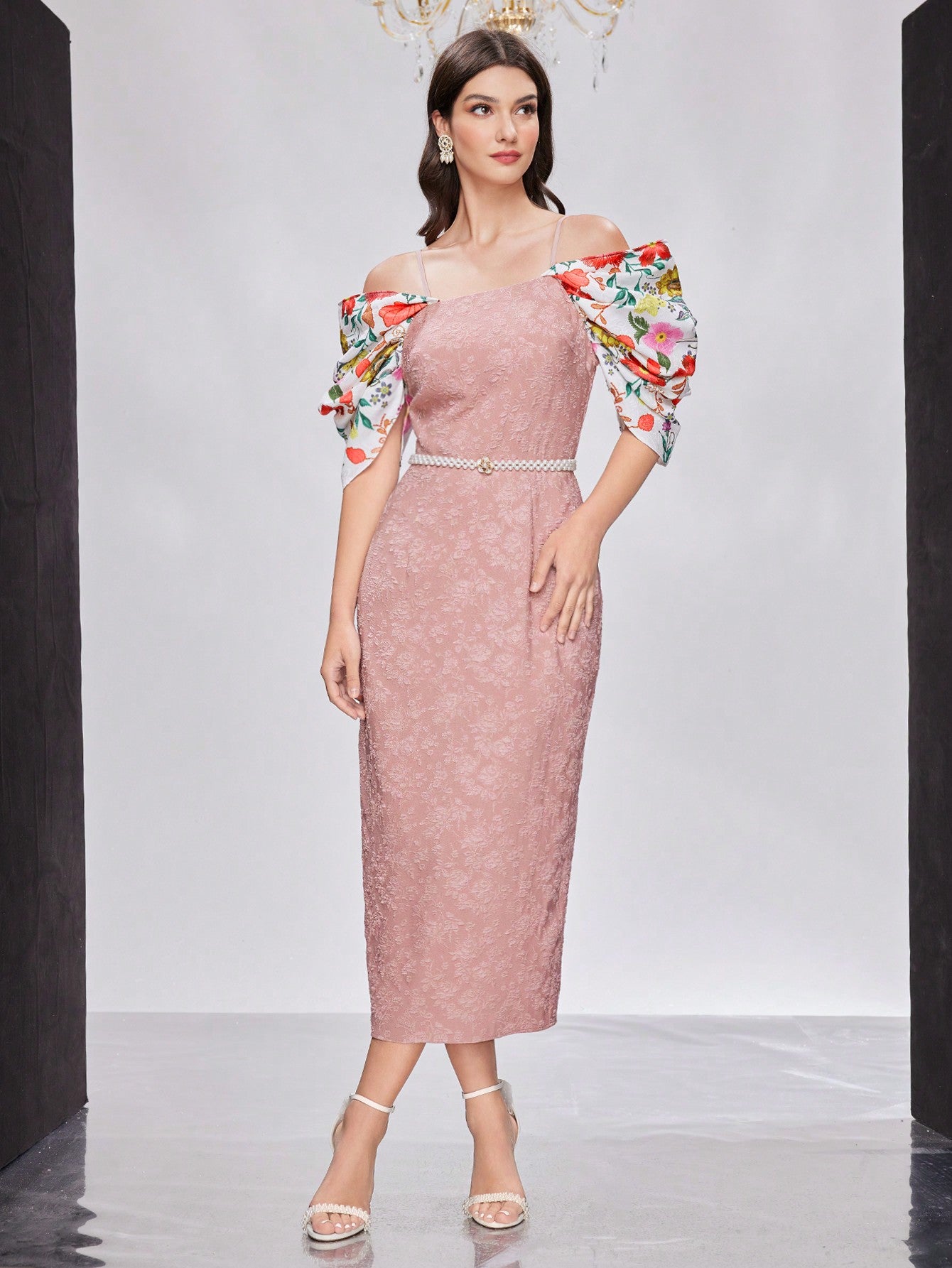 Ladies Open Shoulder Floral Printed Elegant Dress