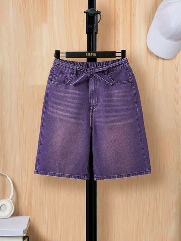 Teen Boy Casual Straight Leg Washed Purple Denim Jeans Shorts With Belt Decoration, For Summer Outfits