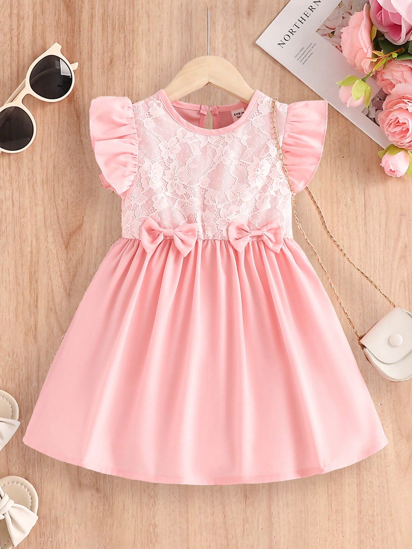 Young Girl Sleeveless Lace Splice Ruffle Hem Pink Dress, Spring/Summer