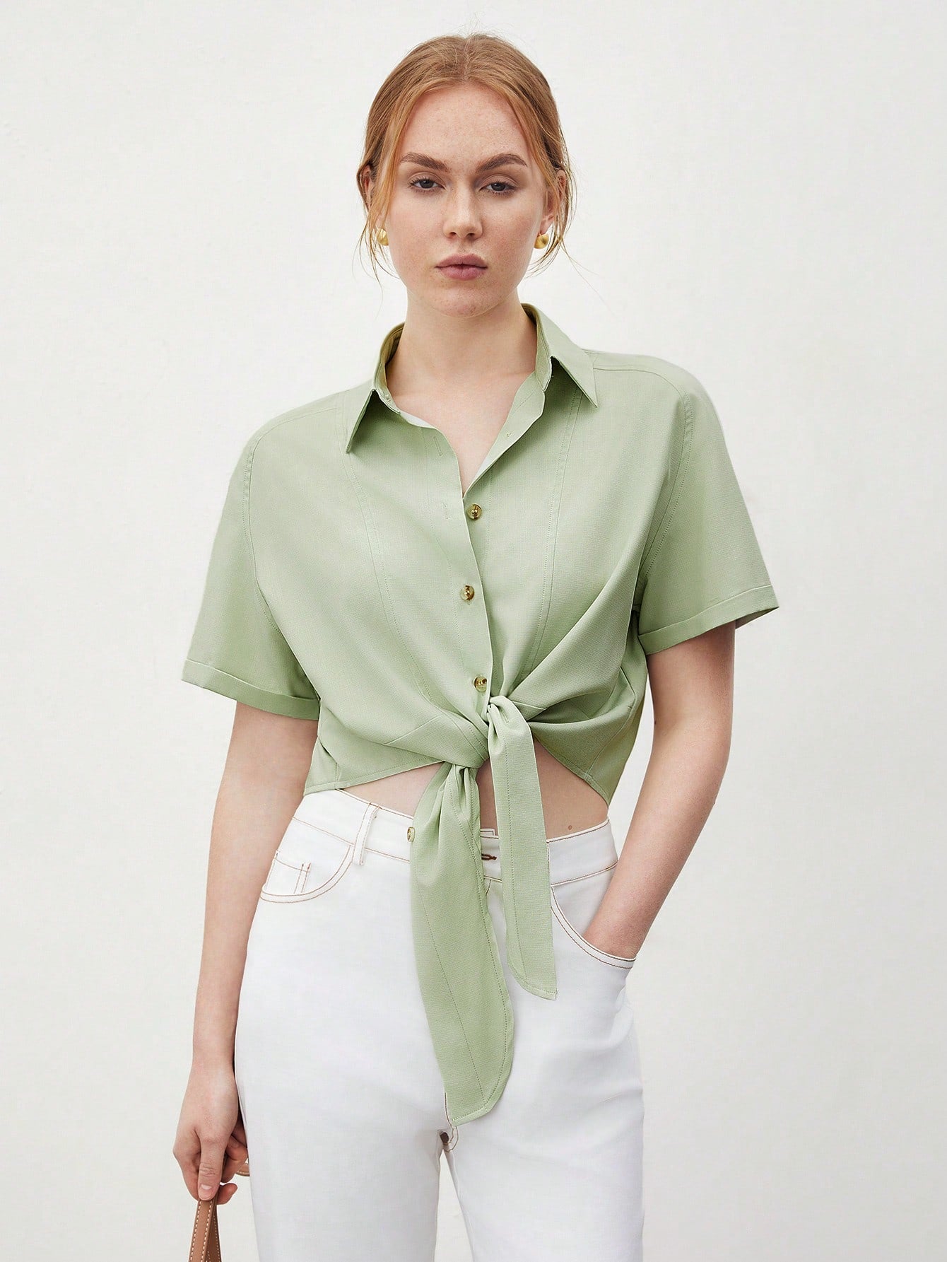 Solid Color Buttoned Shirt With Tie Front Hem