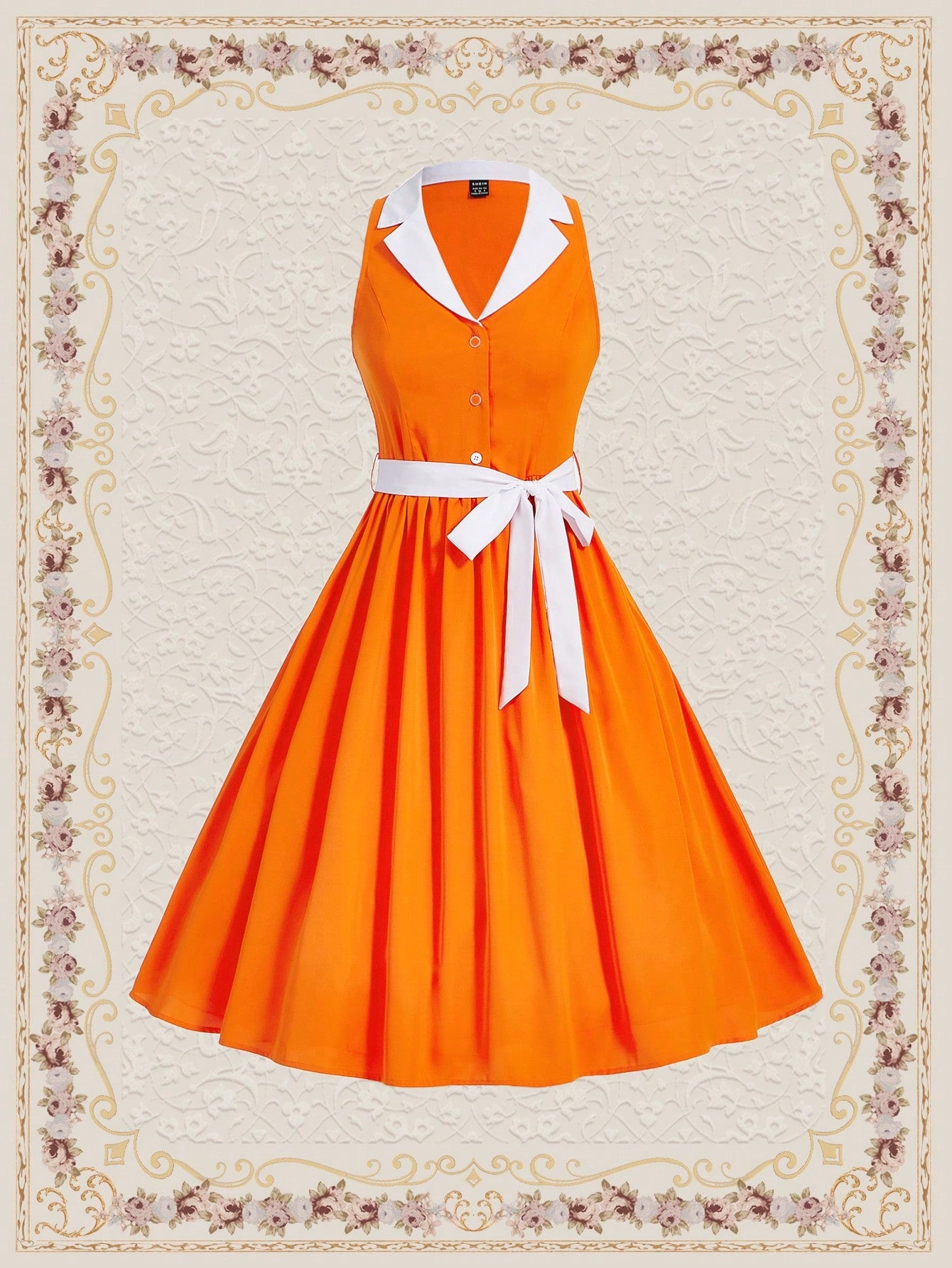 Women's Vintage Island Vacation Dress, Spring & Summer, With Contrast Collar And Umbrella Skirt Spring Outfits Orange Dress Button Down Dress Summer Clothes Off Shoulder Dress Long Skirt Bow