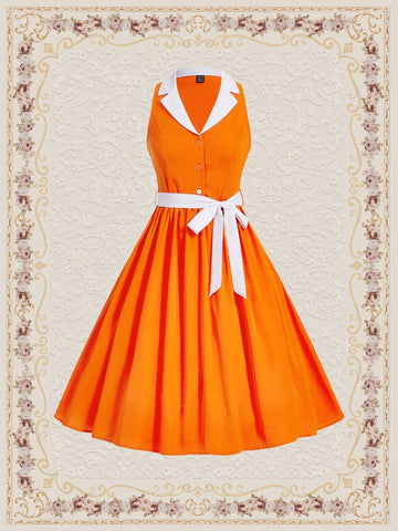 Women's Vintage Island Vacation Dress, Spring & Summer, With Contrast Collar And Umbrella Skirt Spring Outfits Orange Dress Button Down Dress Summer Clothes Off Shoulder Dress Long Skirt Bow