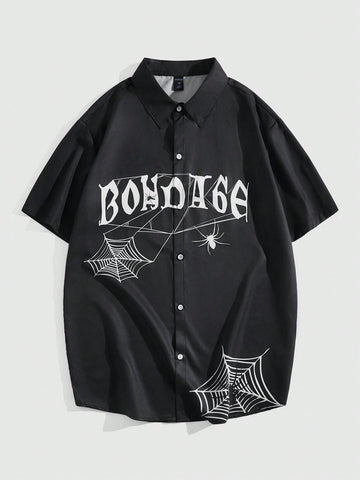 Men's Short Sleeve Shirt With Letter Spider Web Print