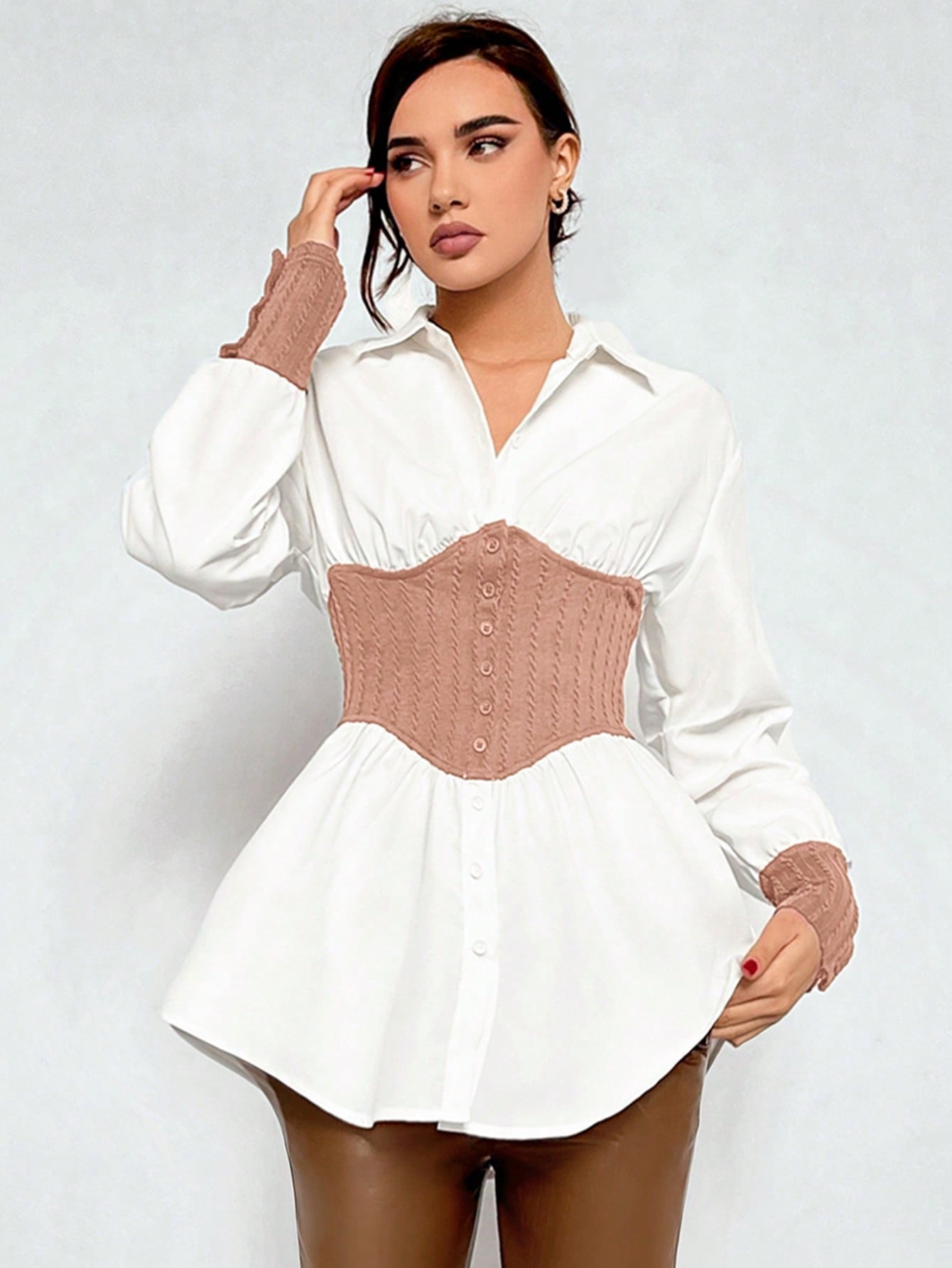 Color Block Waist Tie Front Buttoned Long Sleeve Shirt