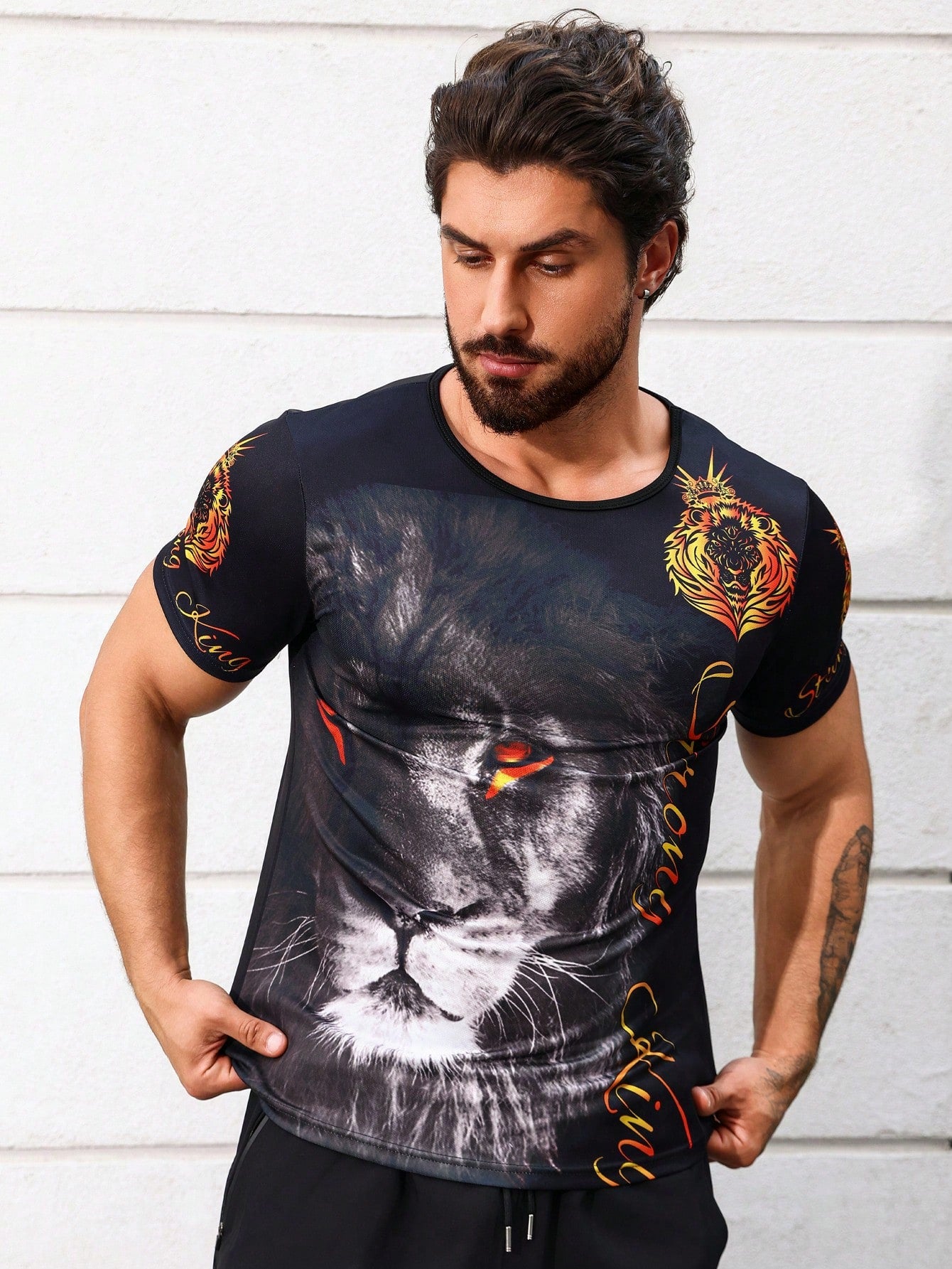 Men's Slim Fit Animal & Letter Print Athletic T-Shirt Workout Tops