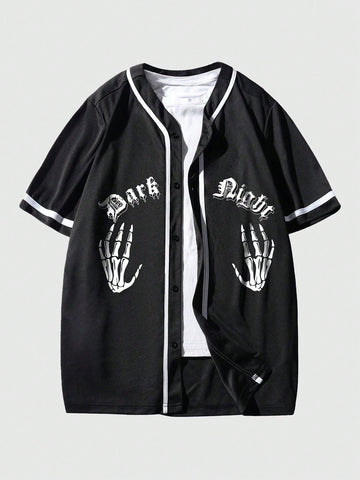 Men Skeleton Hand & Letter Graphic Contrast Binding Shirt Without Tee