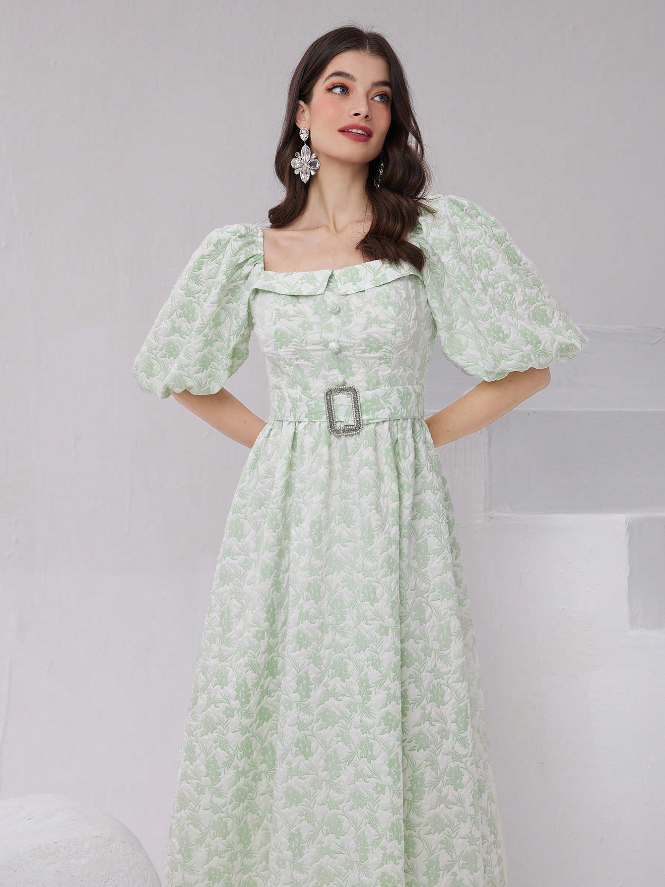 Women's Floral Jacquard Sweetheart Neck Short Puff Sleeve Arab Style Dress