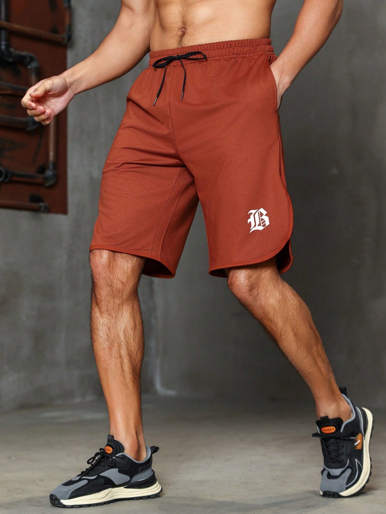 Men's Loose Fit Sports Shorts With Letter Print And Drawstring Waist