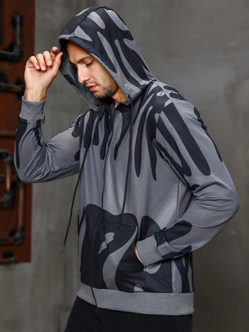 Men's Printed Zipper Front Hooded Long Sleeve Sports Jacket Workout Tops