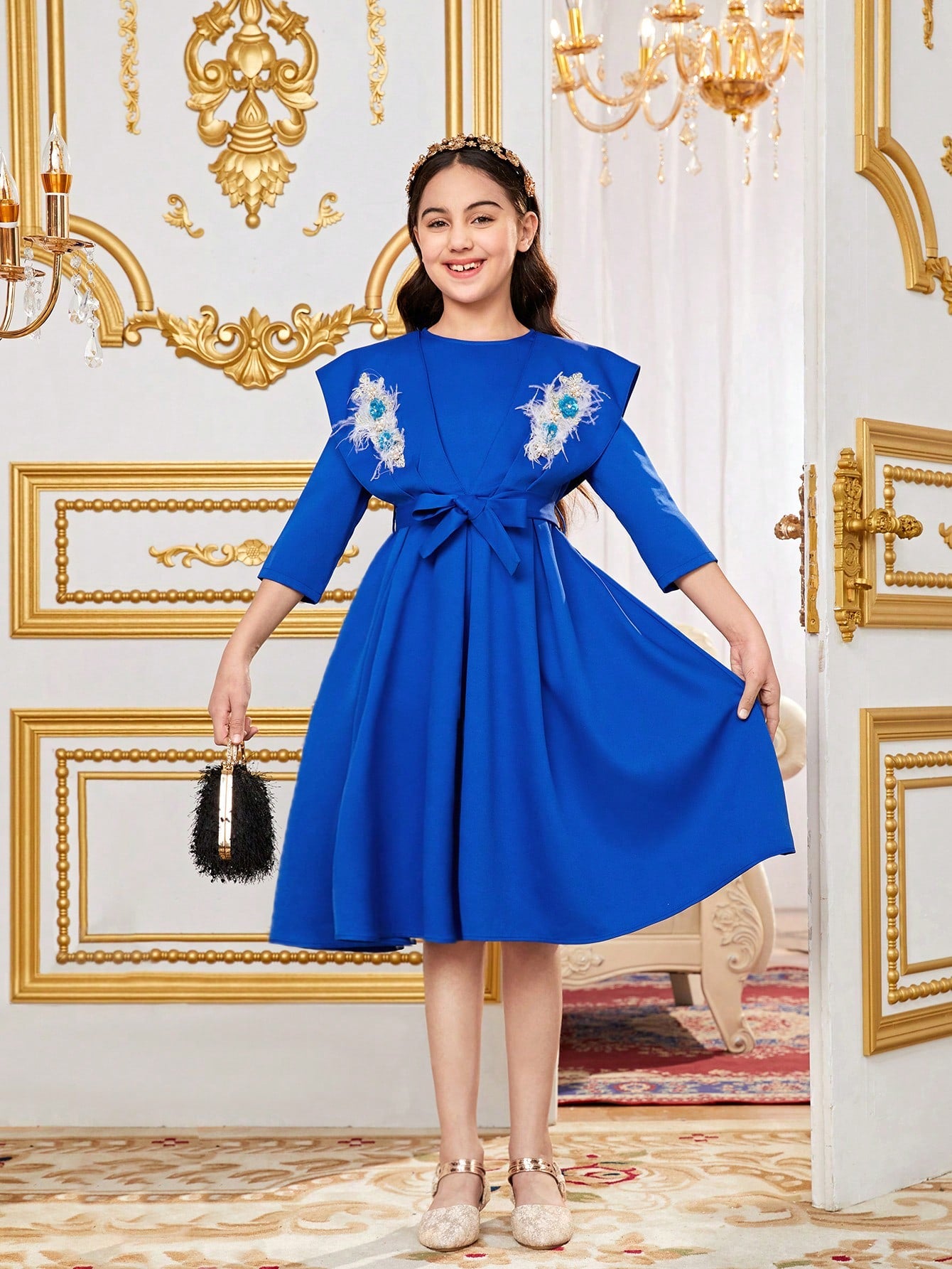 Tween Girls' Casual 3d Flower Decor Belted 3/4 Sleeve Dress