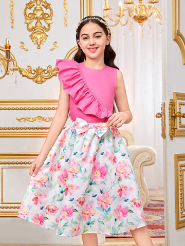 Tween Girls' Loose Fit Casual Round Neck Ruffle Trim Top And Skirt Set