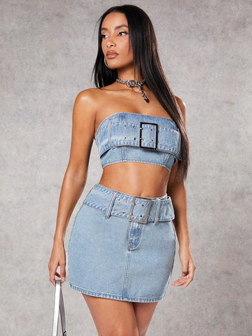 High Waist Oversized Buckle Mini Skirt Denim&Country Festival Outfits&Denim Skirt&Music Festival