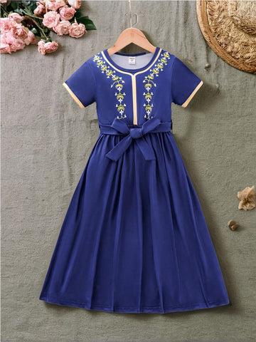 Toddler Girl Dress Casual Ladylike Floral Printed Short Sleeve Dress With Round Neck For Summer