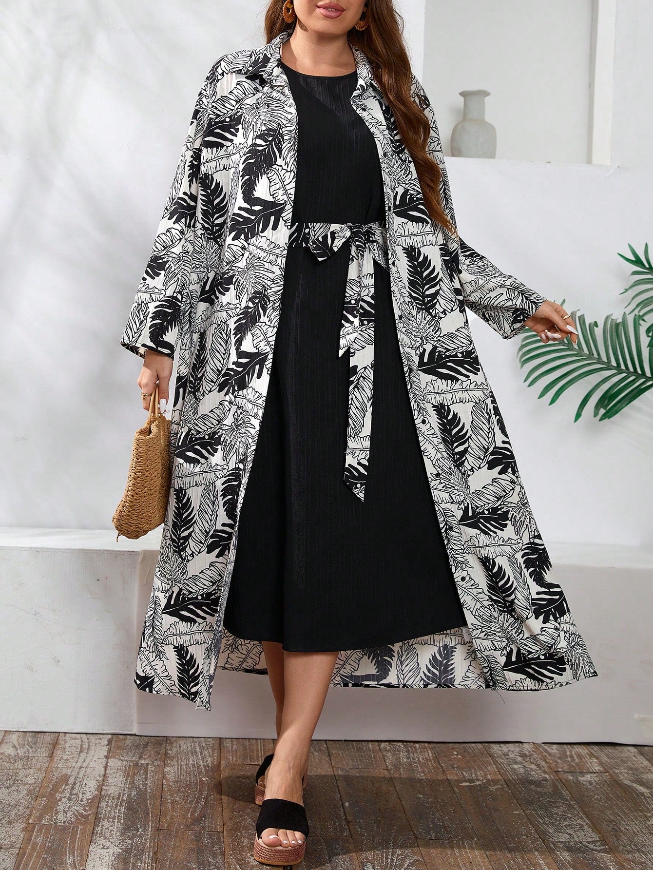 Plus Size Women's Botanical Print Jacket And Sleeveless Dress Set