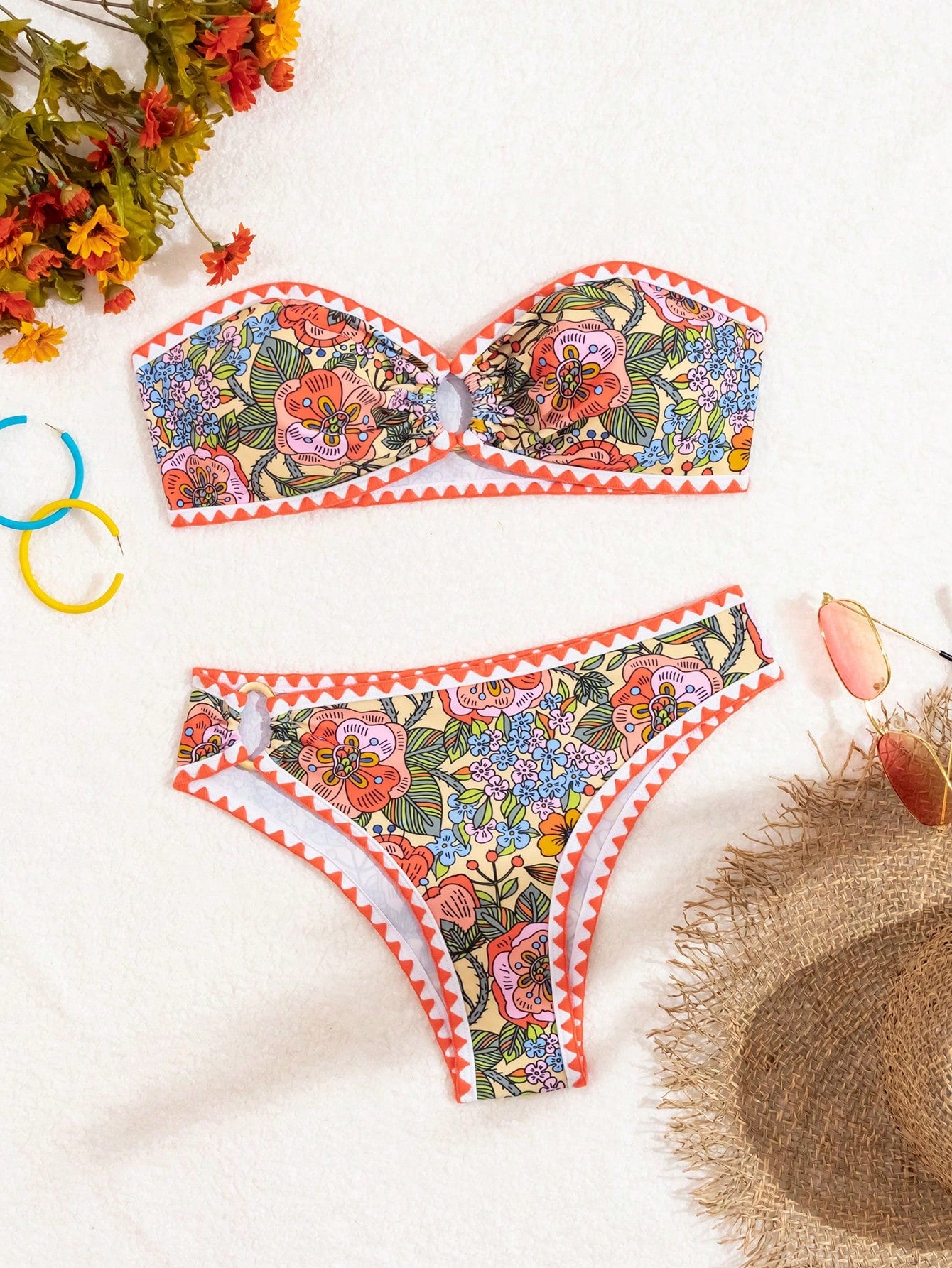 Women's Tropical Plant Print Bandeau Bikini Set, 2pcs