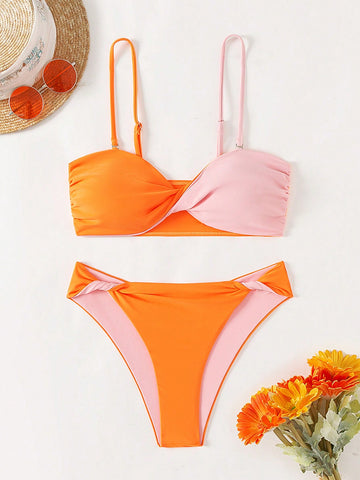 Colorblock Twisted Separated Bathing Suit, Bikini Set Bathing Suit Beach Outfit Summer Vacation