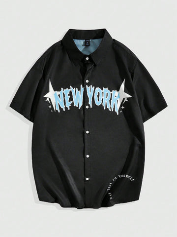 Men's Short Sleeve Shirt With Letter And Five-Pointed Star Print