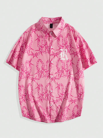 Men's Short Sleeve Shirt With Letter And Thorn Print