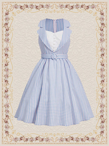 Vintage Rural Vacation Women's Plaid Dress With Lace Splicing And Umbrella Skirt Design For Spring/Summer Blue Dress Summer Clothes