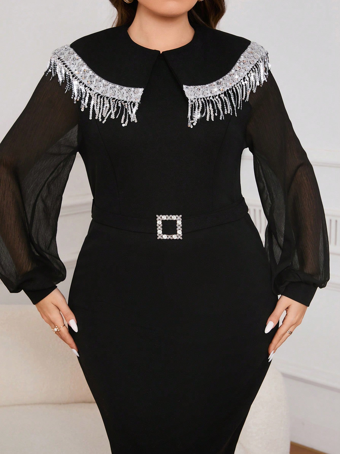 Plus Size Glitter Fringed Tie Decorated Lantern Sleeve Dress