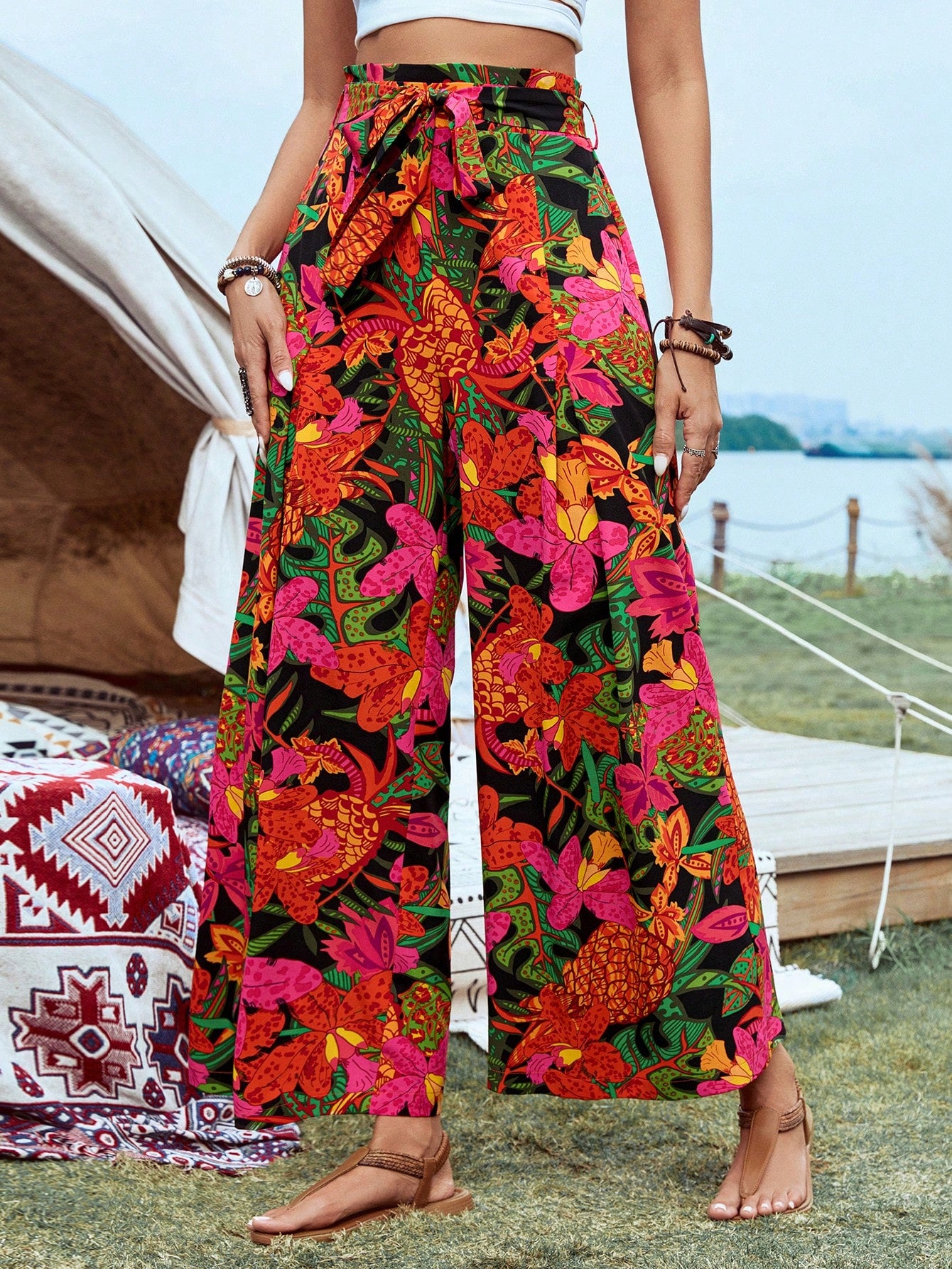 Women's  Music Festival Summer Tropical Plant Printed Tie Waist Pants