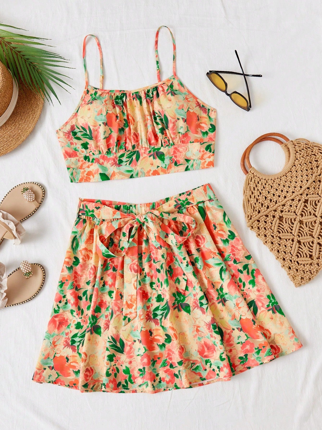 2pcs/Set Plus Size Women's Floral Print Camisole Top And Skirt Set