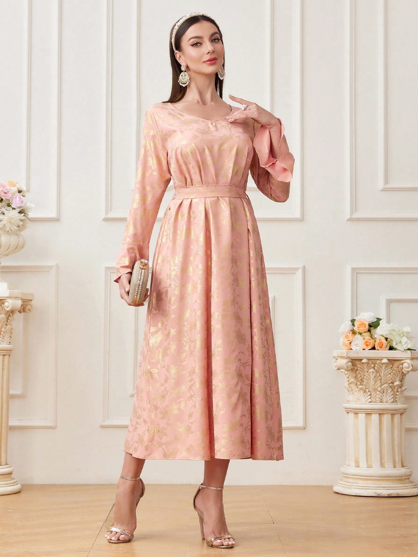 Women's Arabic Style Flare Sleeve Dress With Gold Foil Printed Flowers