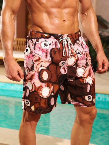 Men's Bear Printed Drawstring Beach Shorts