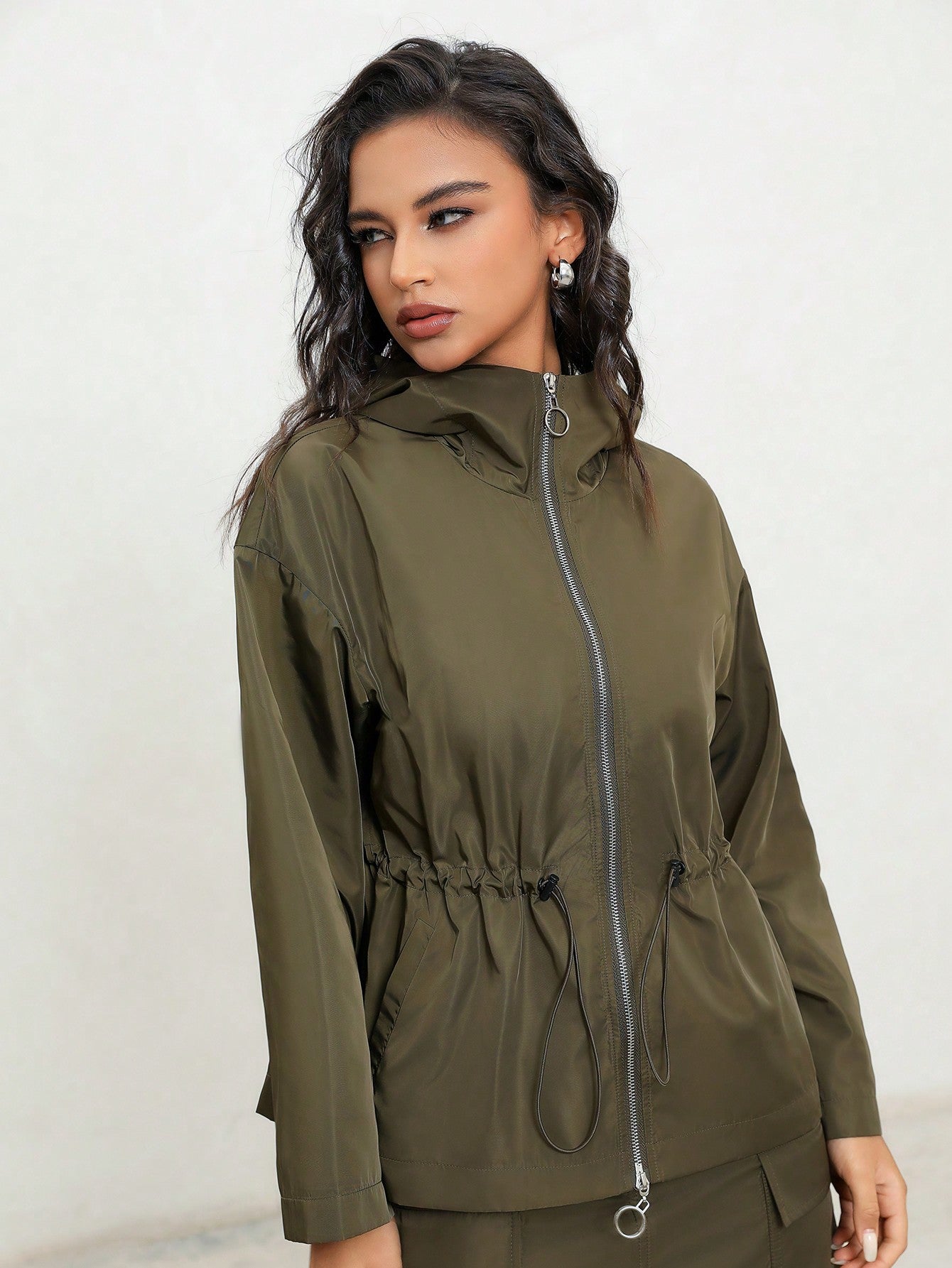 Women's Solid Color Drawstring Waist Zipper Front Hooded Casual Jacket