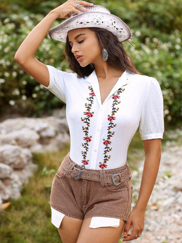 Women's Floral Embroidery Puff Sleeve Shirt