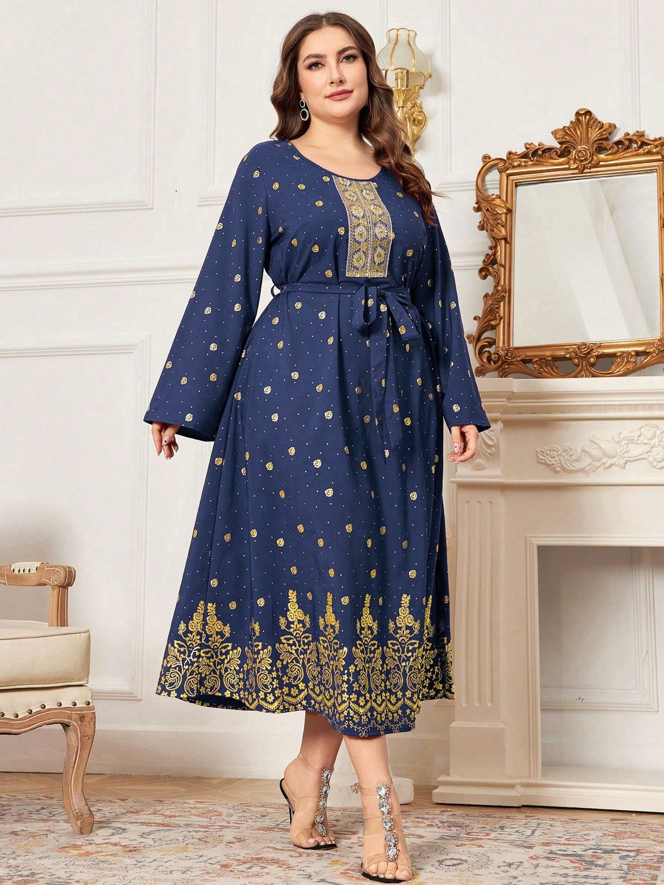 Plus Size Round Neck Printed Dress With Belt, Arab Leisure Apparel (Single-Sided Positioning)