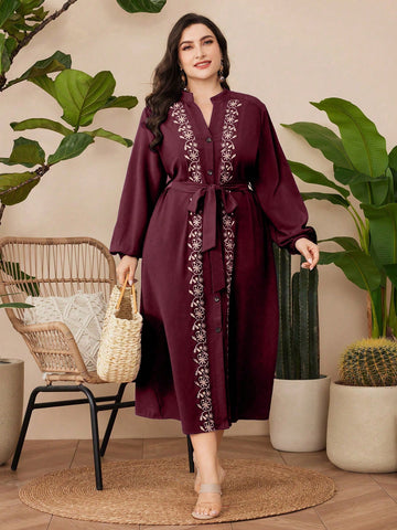 Plus Size Loose Fit Dress With Notched Collar, Lantern Sleeves, Belt And Button Design