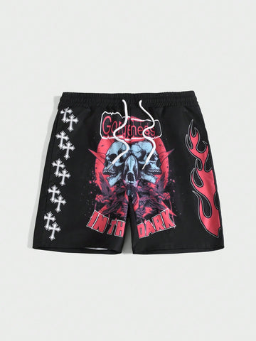 Men's Punk Style Letter & Skull Printed Woven Shorts, Suitable For Daily Wear In Spring And Summer