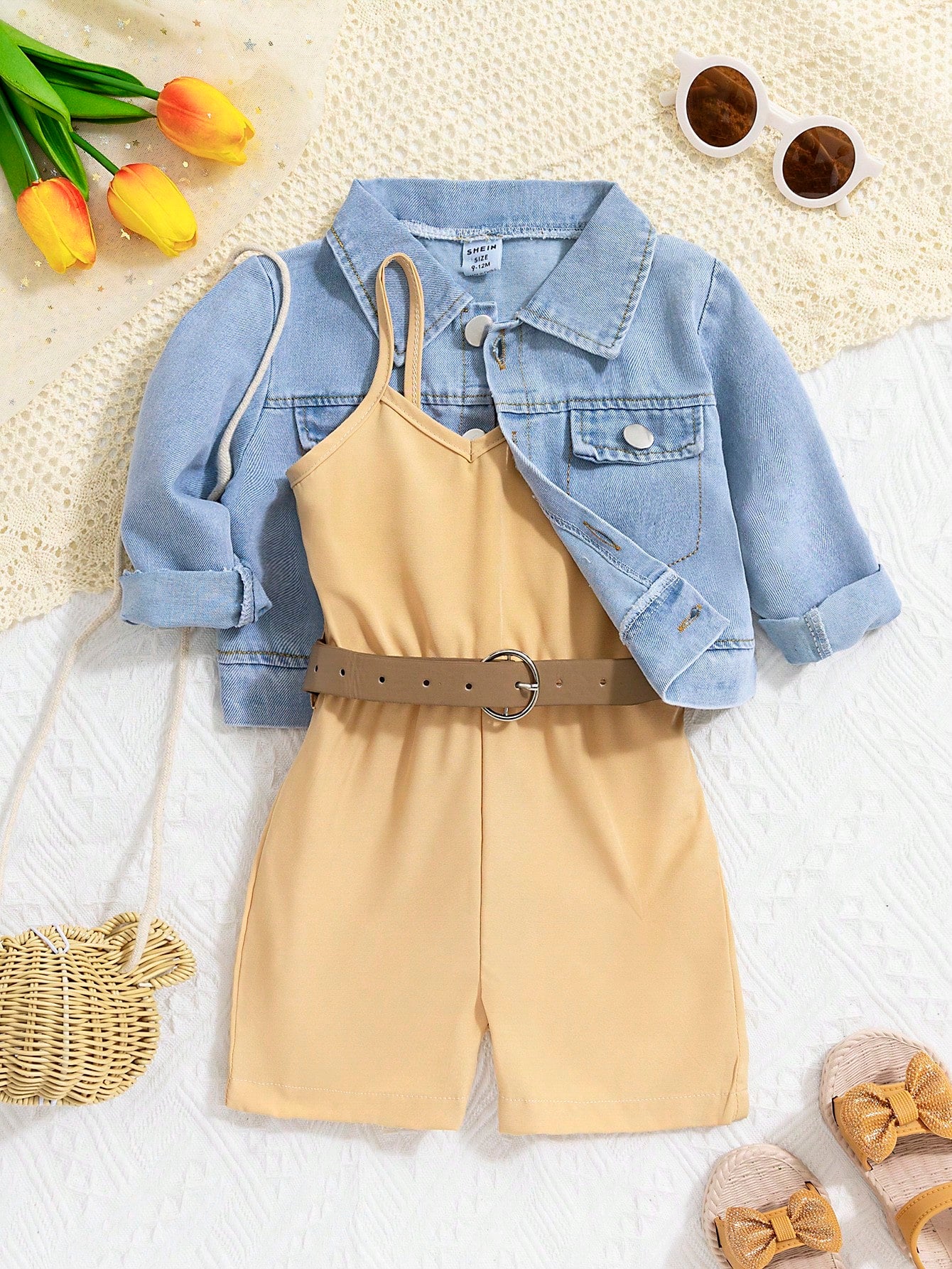 Baby Girl Spring/Summer Washed Denim Shirt And Romper Fashionable Outfit