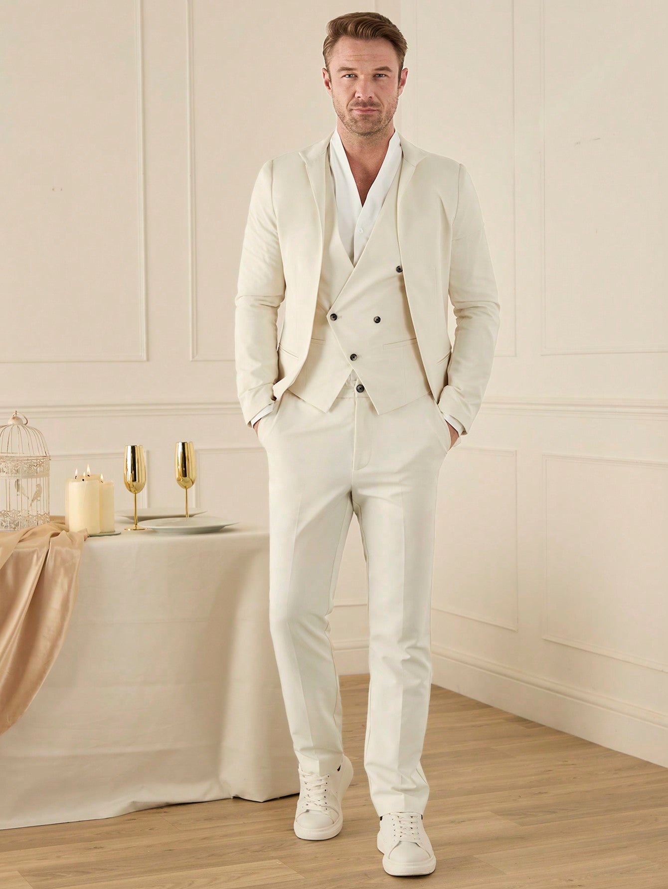 Men's Solid Color Vest, Pants And Suit Jacket Set